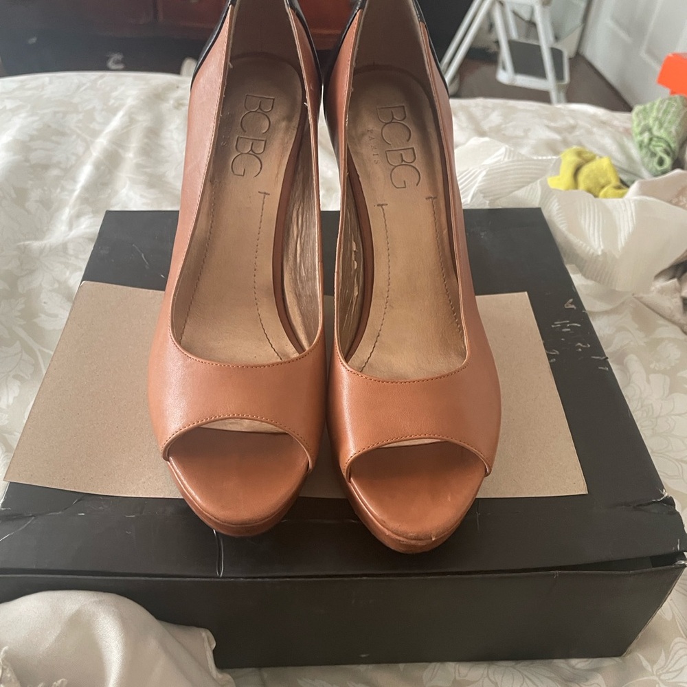 BCBG Tan Peep Toe Heels
